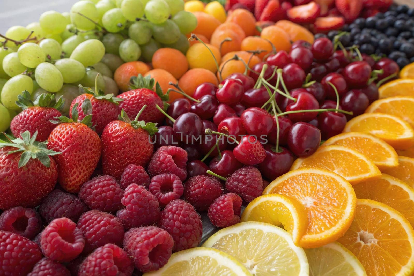 A vibrant collection of fresh fruits features strawberries, cherries, grapes, oranges, and blueberries on a display. Perfect for a summer gathering or a health focused event.
