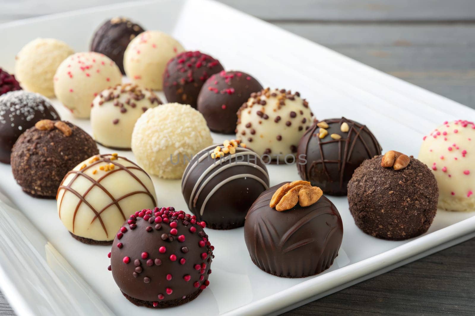 A colorful assortment of handmade truffles displayed on a sleek plate. Various chocolate types and toppings create a tempting arrangement for dessert lovers to enjoy.