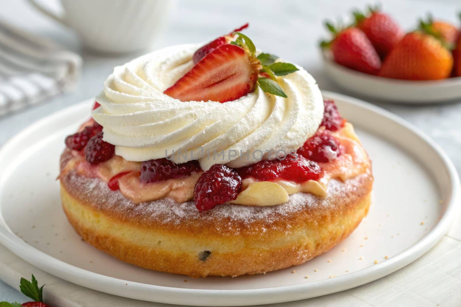 Freshly baked donut features a swirl of whipped cream and is topped with juicy strawberries. Perfect for a dessert or snack at any time of day. Ideal for cafe lovers and sweet tooth enthusiasts.
