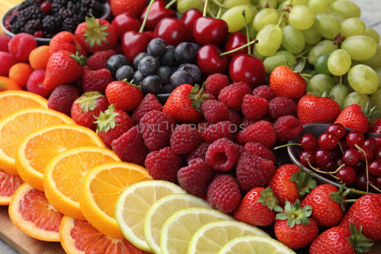 A colorful assortment of fresh fruits is beautifully arranged on a wooden surface. Bright oranges, red strawberries, juicy cherries, and green grapes come together for a healthy snack.