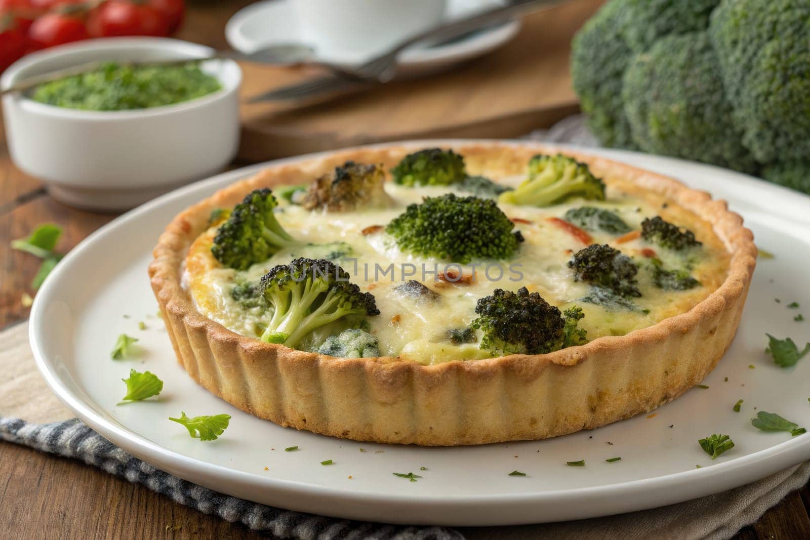 Richly filled savory tart showcases fresh broccoli on a wooden table. Surrounding ingredients include tomatoes and a green sauce. Perfect for a light lunch or dinner.