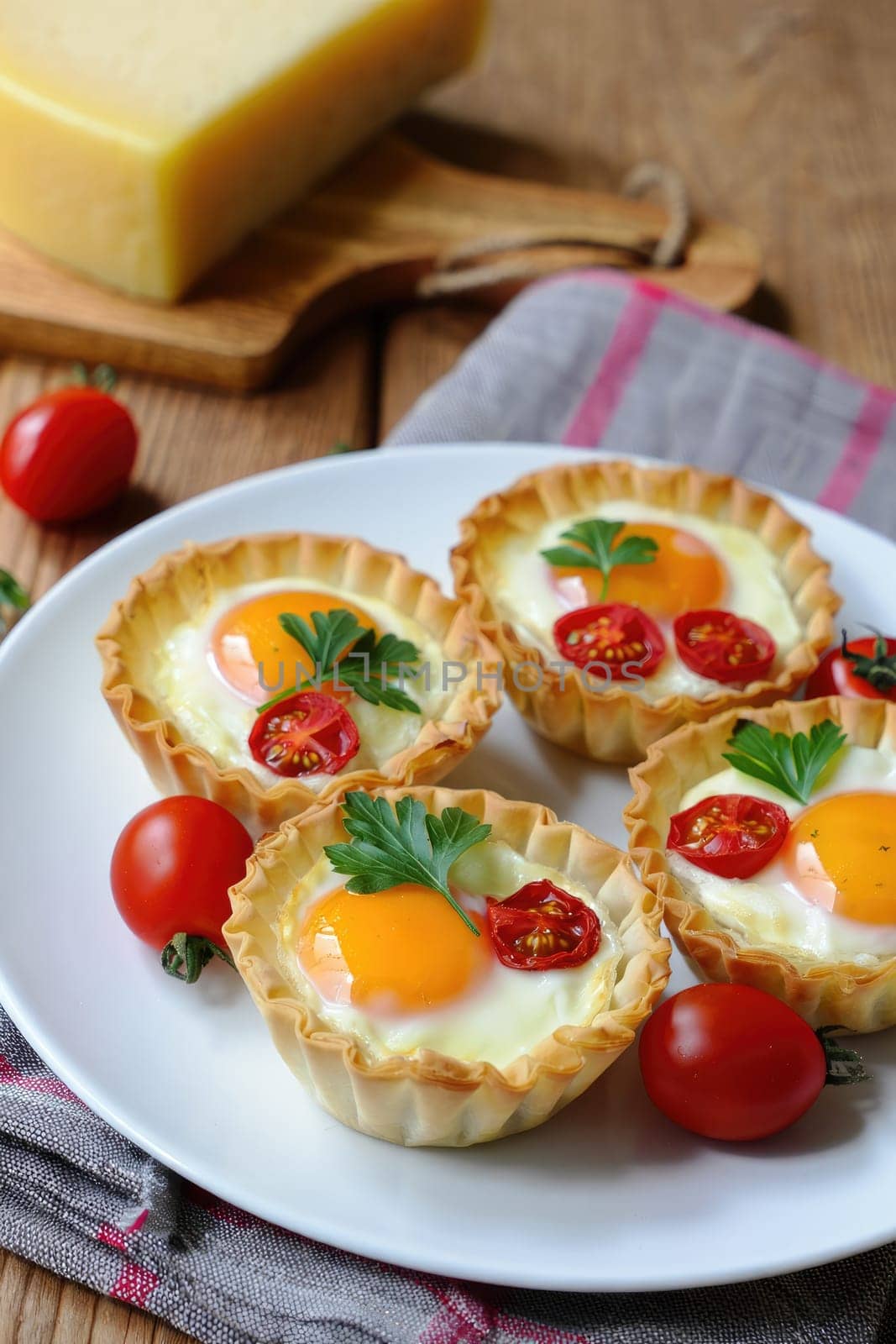 Exquisite tartlets filled with eggs, cherry tomatoes, and fresh herbs are displayed on a rustic wooden table. Cheese sits nearby, adding to the inviting atmosphere of this culinary delight.