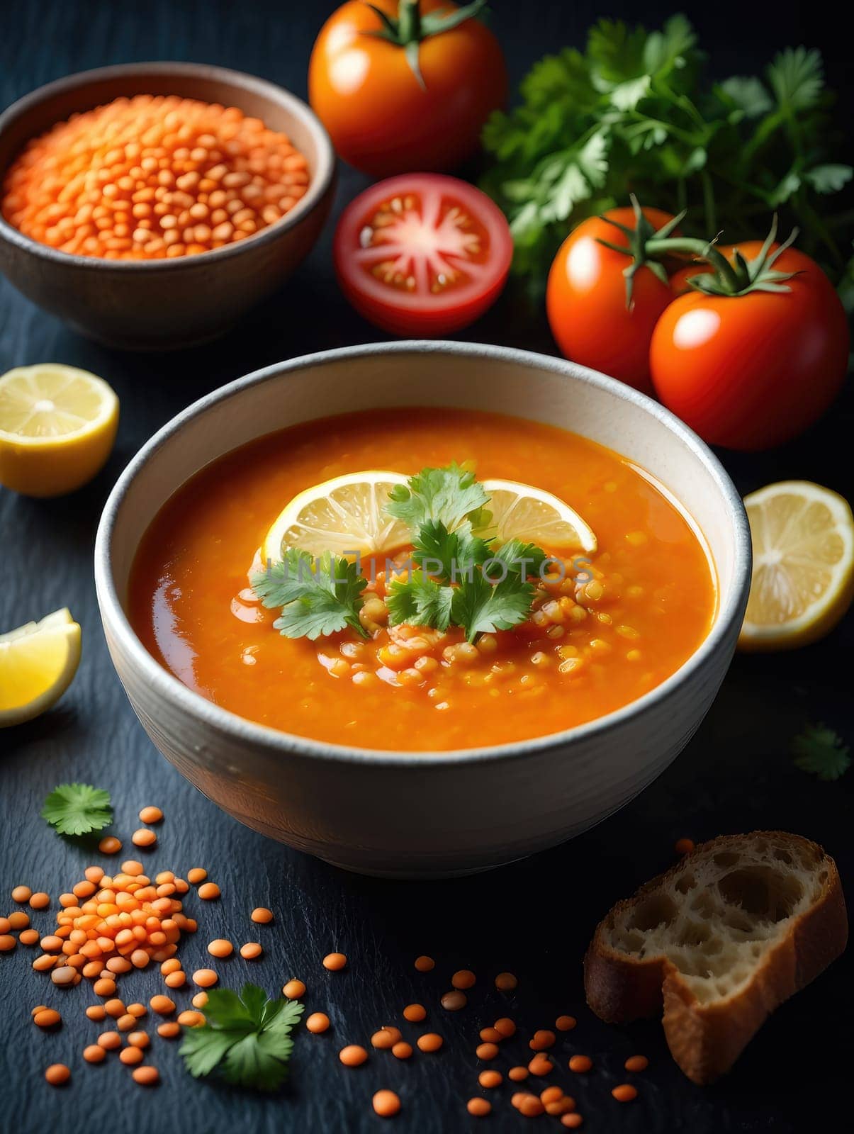 A bowl of vibrant lentil soup sits on a dark wooden table, garnished with lemon slices and fresh cilantro. Surrounding it are tomatoes, lemon halves, and lentils, adding color and freshness.