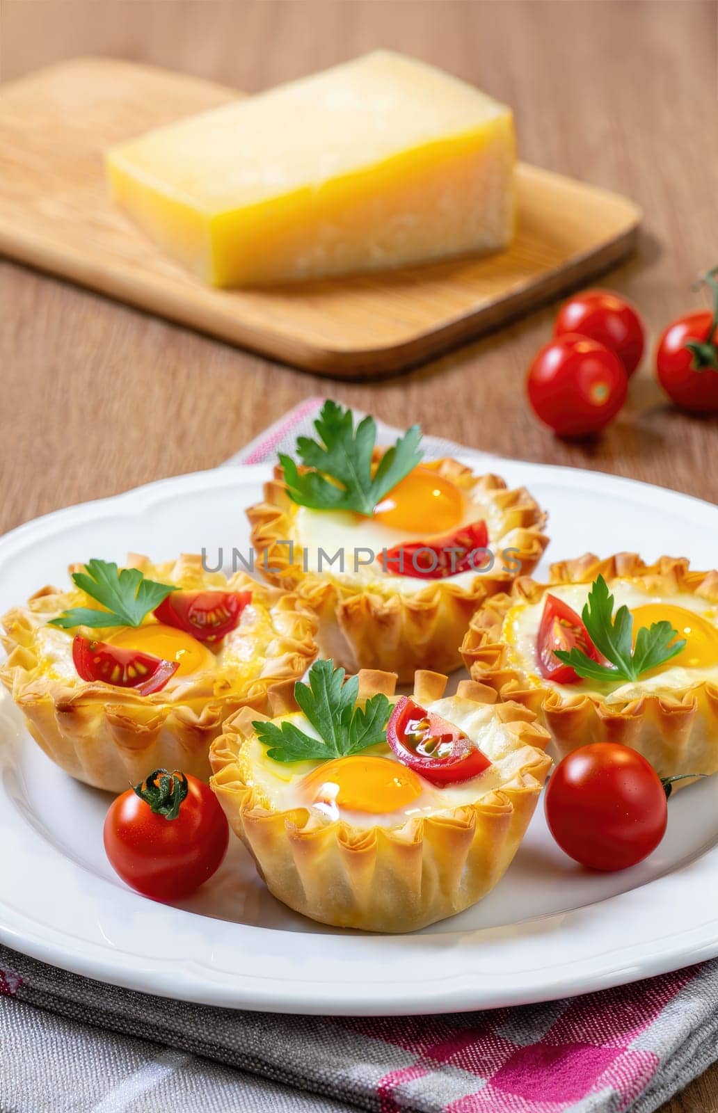 A plate holds four golden pastry cups filled with eggs, cherry tomatoes, and parsley. Fresh ingredients provide a colorful presentation, ideal for breakfast or brunch gatherings.