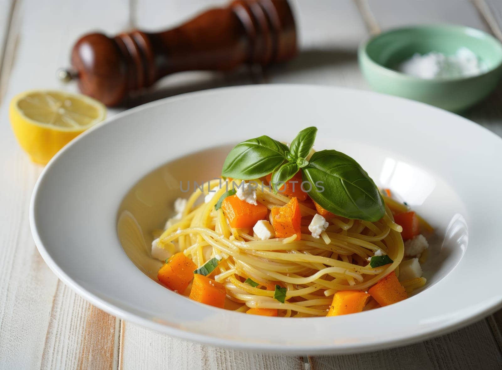 A bowl of spaghetti topped with diced butternut squash, fresh basil leaves, and crumbled cheese is placed on a wooden table. A lemon half, salt, and a pepper grinder accompany the dish.
