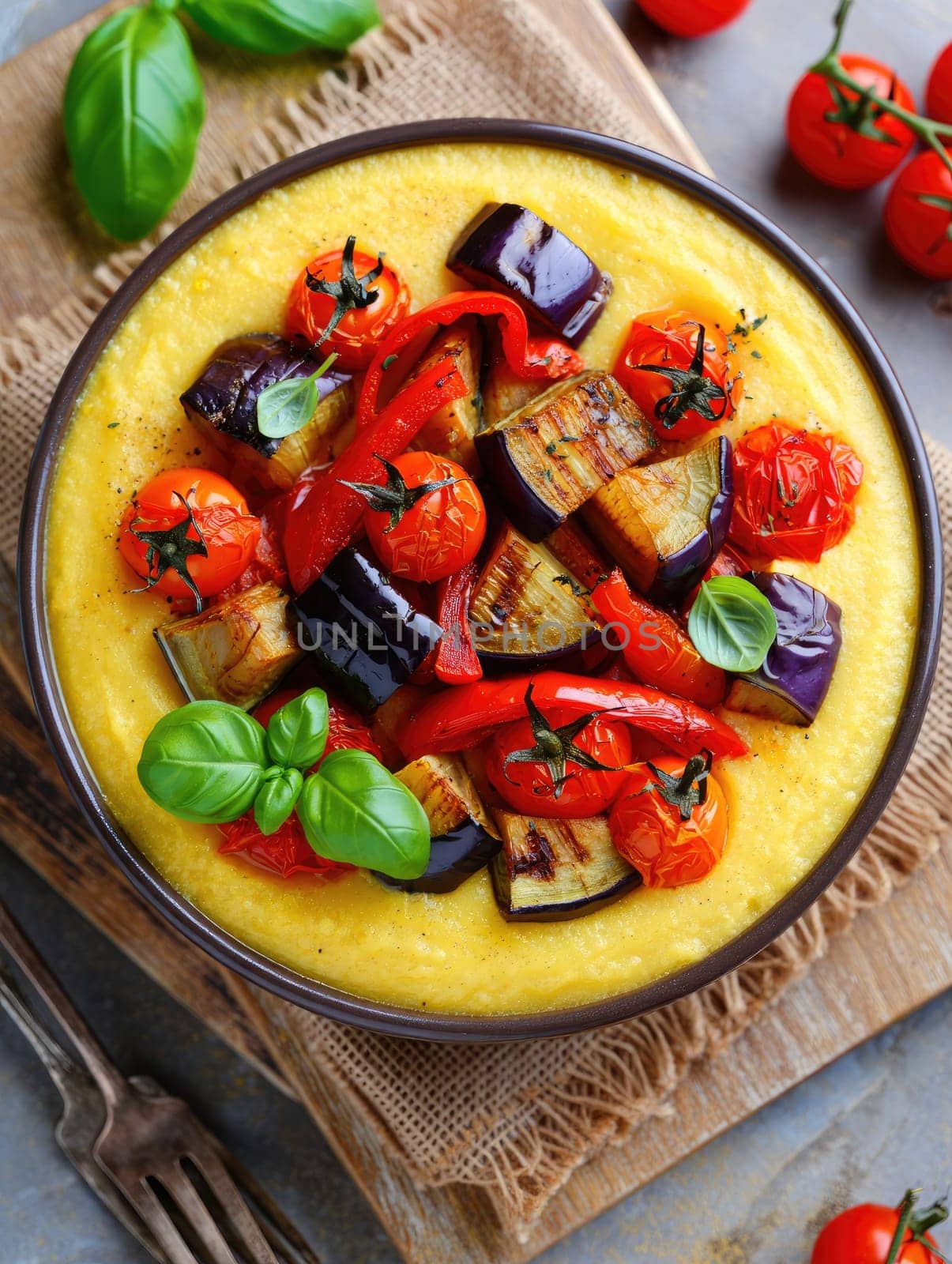 A bowl filled with creamy polenta topped with colorful roasted vegetables such as eggplant, red peppers, and cherry tomatoes. Fresh basil adds a touch of green.