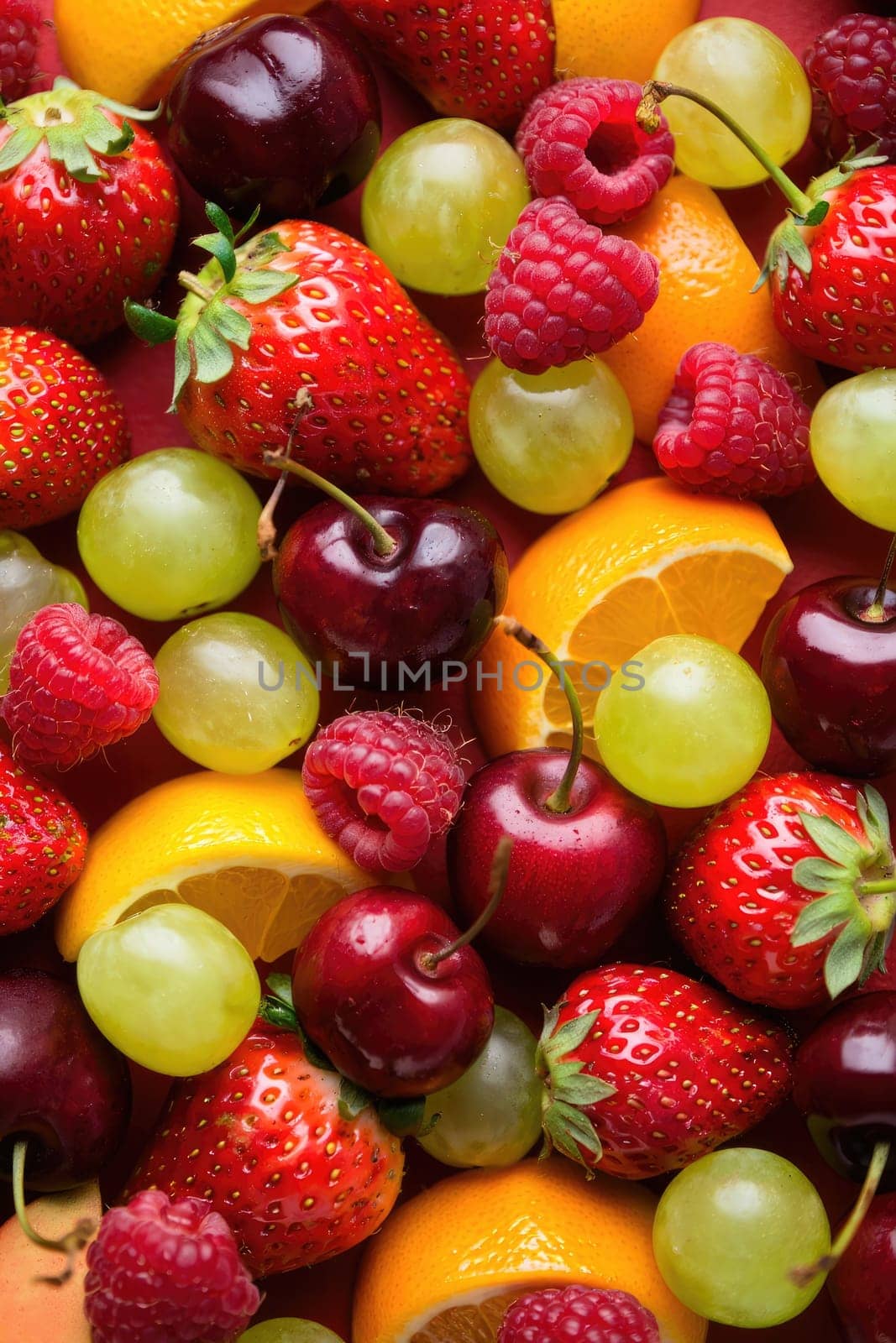 A vibrant assortment of fresh fruits includes strawberries, cherries, raspberries, grapes, and citrus slices.