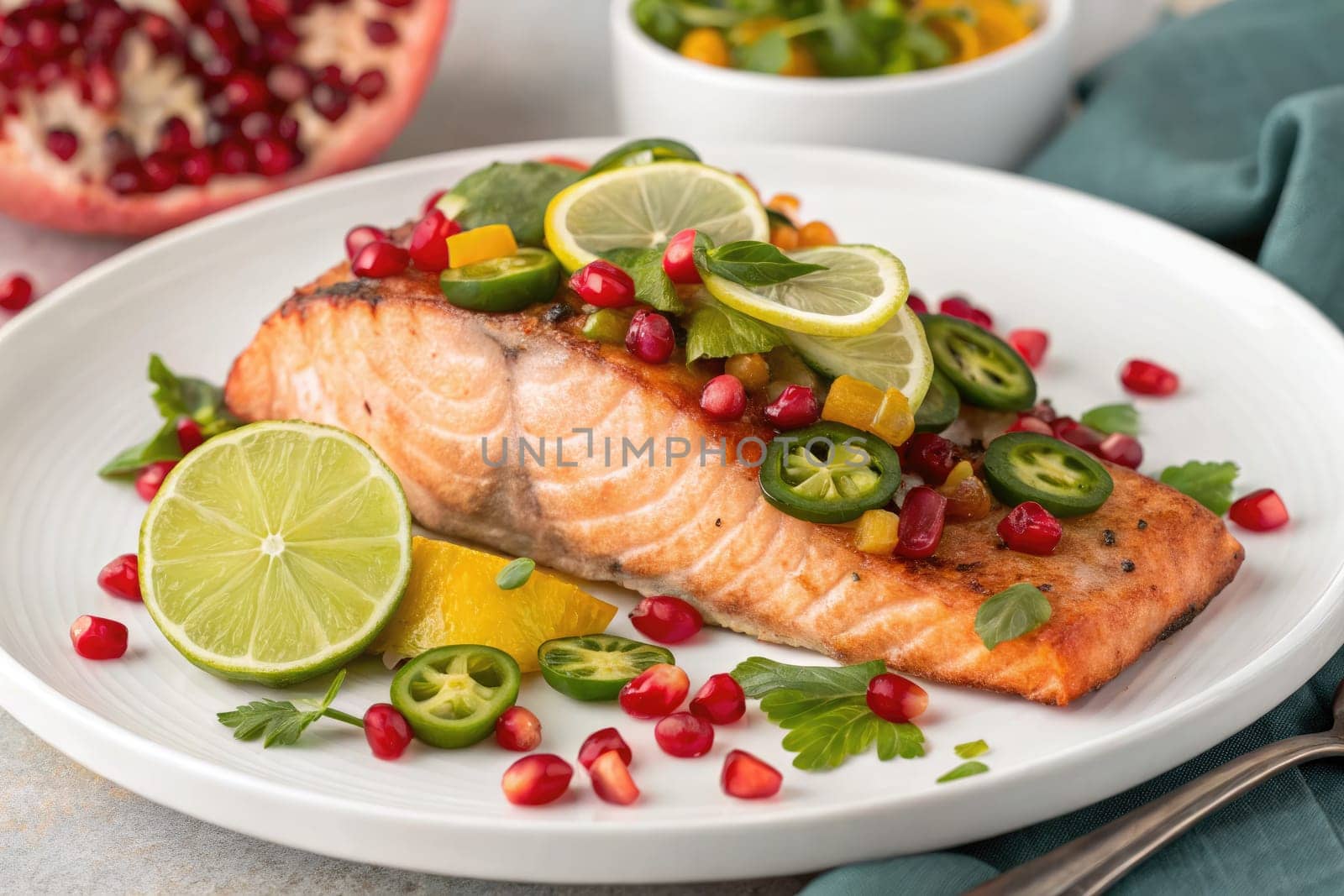 A beautifully presented grilled salmon fillet topped with fresh herbs, lime slices, and colorful toppings. The dish showcases vibrant flavors and textures perfect for a delightful meal.