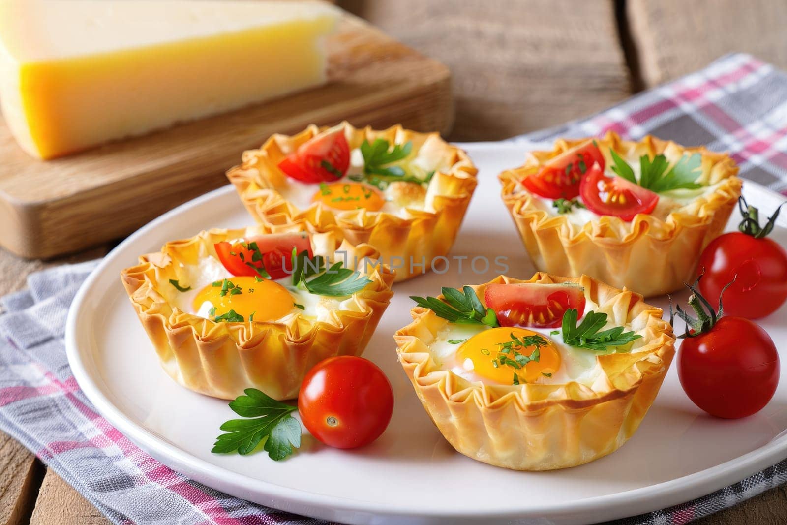 Four baked egg tarts are arranged on a white plate, garnished with tomatoes and parsley. A wooden board with cheese is in the background, creating a cozy kitchen atmosphere.