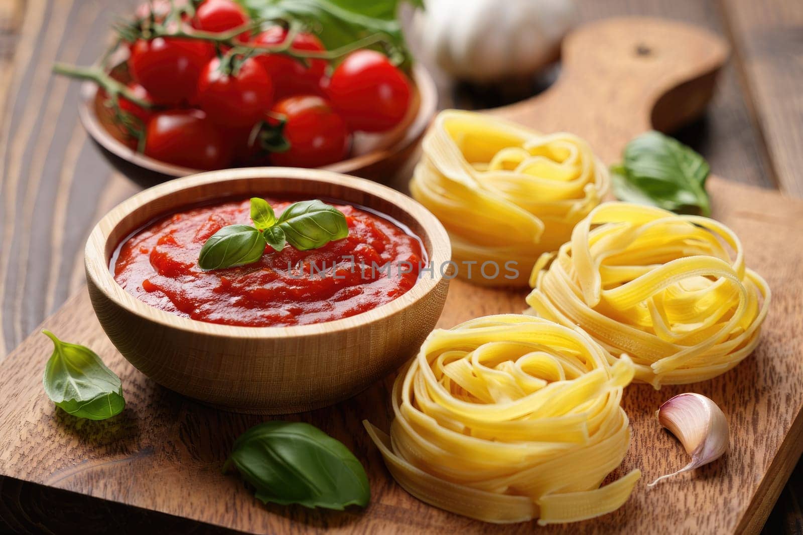 A wooden board displays fresh tomatoes and fettuccine nests next to a bowl of rich tomato sauce garnished with basil, showcasing the preparation of an Italian meal.
