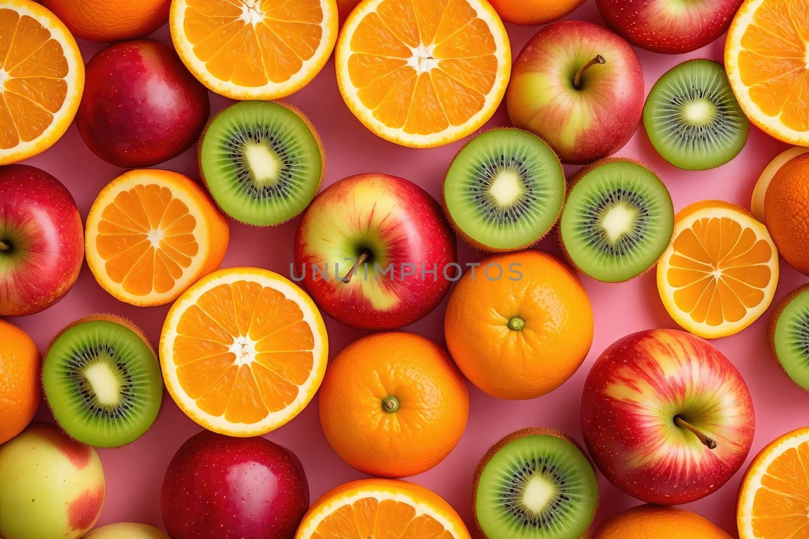 A vibrant collection of fruits including oranges, apples, and kiwis displayed on a pink surface. The bright colors highlight the freshness of the fruits, creating an appealing visual feast.