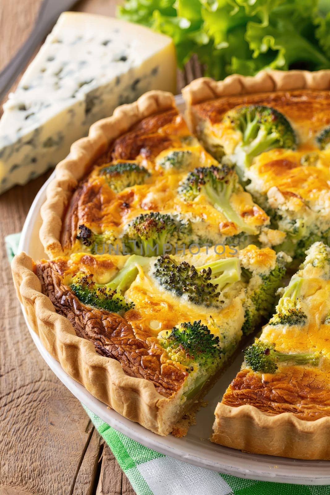 A delicious broccoli quiche sits on a wooden table, showcasing a golden crust and vibrant green broccoli. Nearby, a wedge of blue cheese adds a touch of gourmet flair, accompanied by fresh greens.