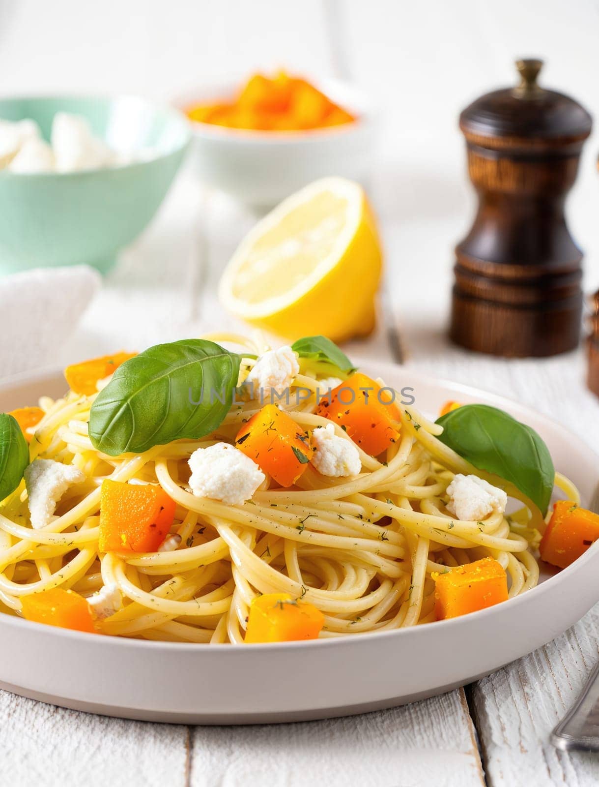 A plate of spaghetti is presented with colorful butternut squash cubes and fresh basil leaves, set in a charming indoor dining area. The warm colors invite a sense of comfort and taste.