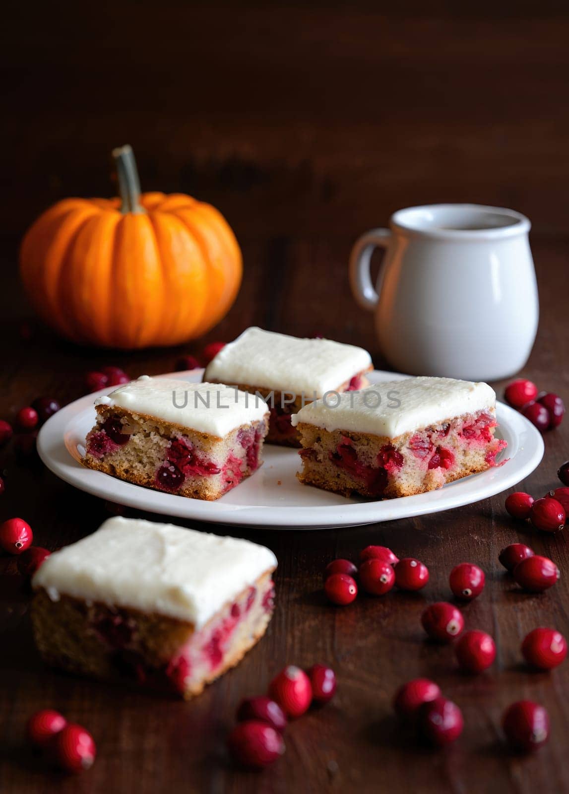 Soft cranberry pumpkin bars topped with cream cheese icing are displayed on a white plate. Fresh cranberries and a small pumpkin add to the cozy autumn ambiance of this dessert presentation.