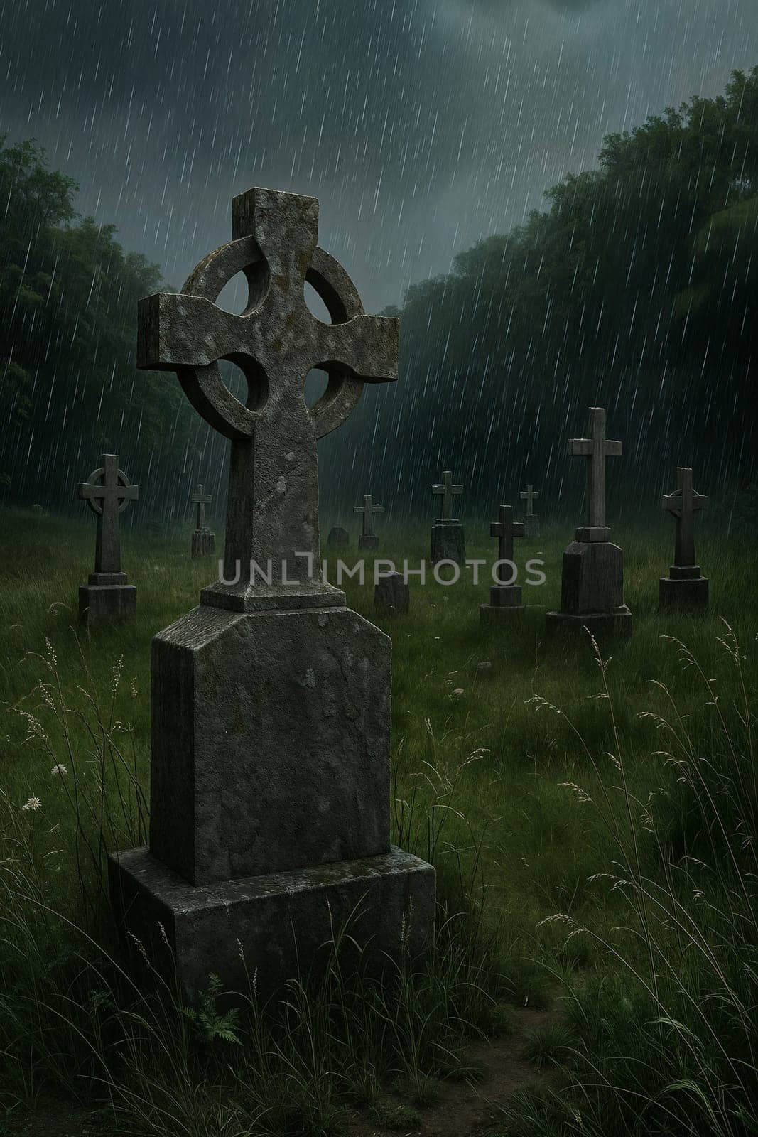 Lonely tombstone in overgrown foggy cemetery. AI generation.