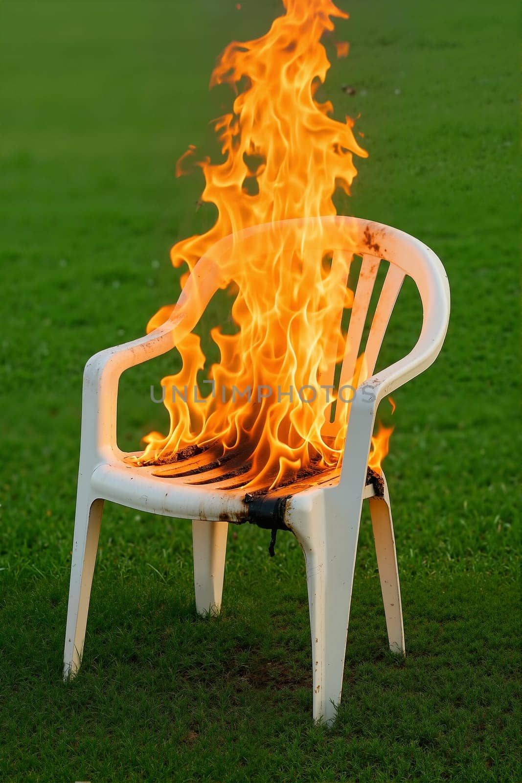 White chair set on fire in empty grassy field. Related idiom: 'burning bridges'. AI generation.