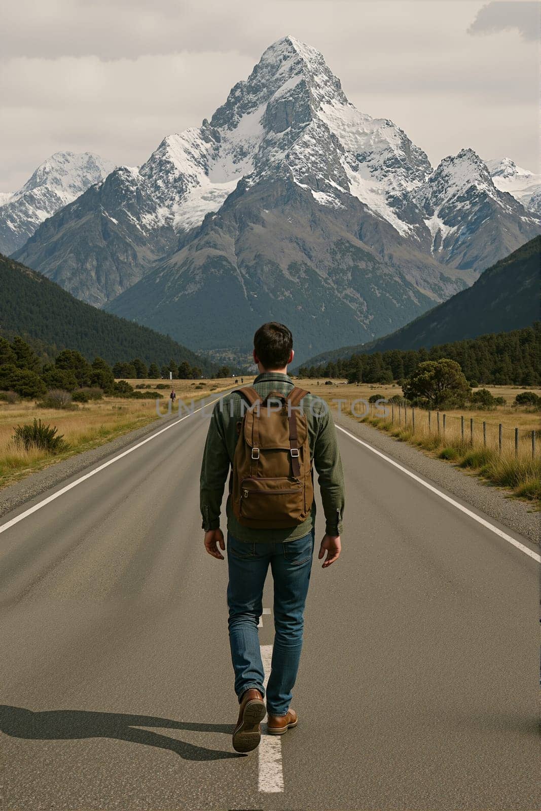 Man with backpack walking snowy mountain road. AI generation.