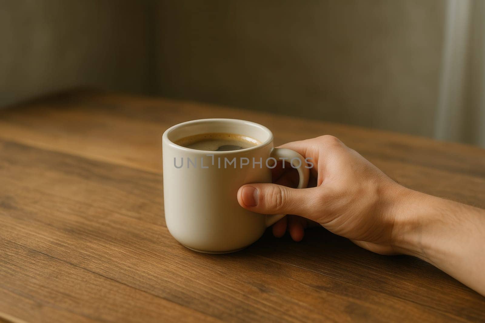A hand holding a ceramic mug of coffee on a wooden table in warm natural light. Perfect for visuals on relaxation, morning routines, cozy lifestyle, or coffee-themed designs.
