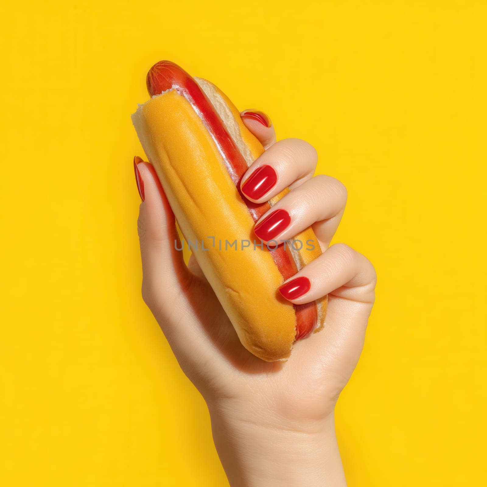 A hand with red manicure holding a classic hot dog against a bright yellow background. Ideal for pop-art visuals, fast food ads, bold design concepts, and modern lifestyle themes