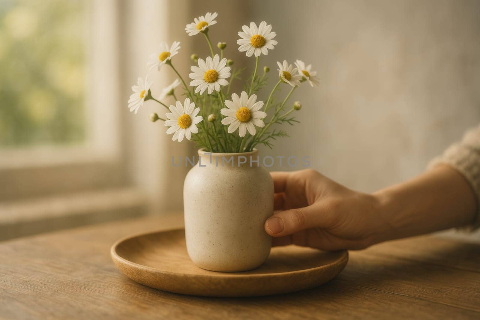 A hand gently placing a ceramic vase with chamomile flowers on a wooden plate in soft daylight. Perfect for home decor, floral compositions, and natural minimalist lifestyle themes