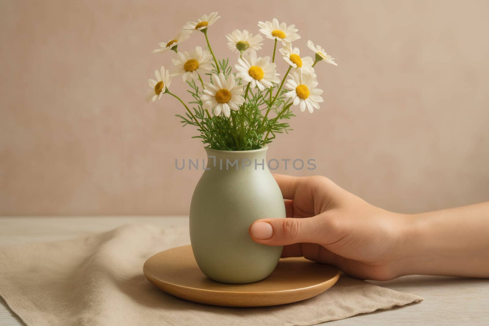 A hand gently holding a pastel green vase filled with daisies on a wooden plate with soft fabric underneath. Perfect for spring decor, floral themes, and cozy interior visuals