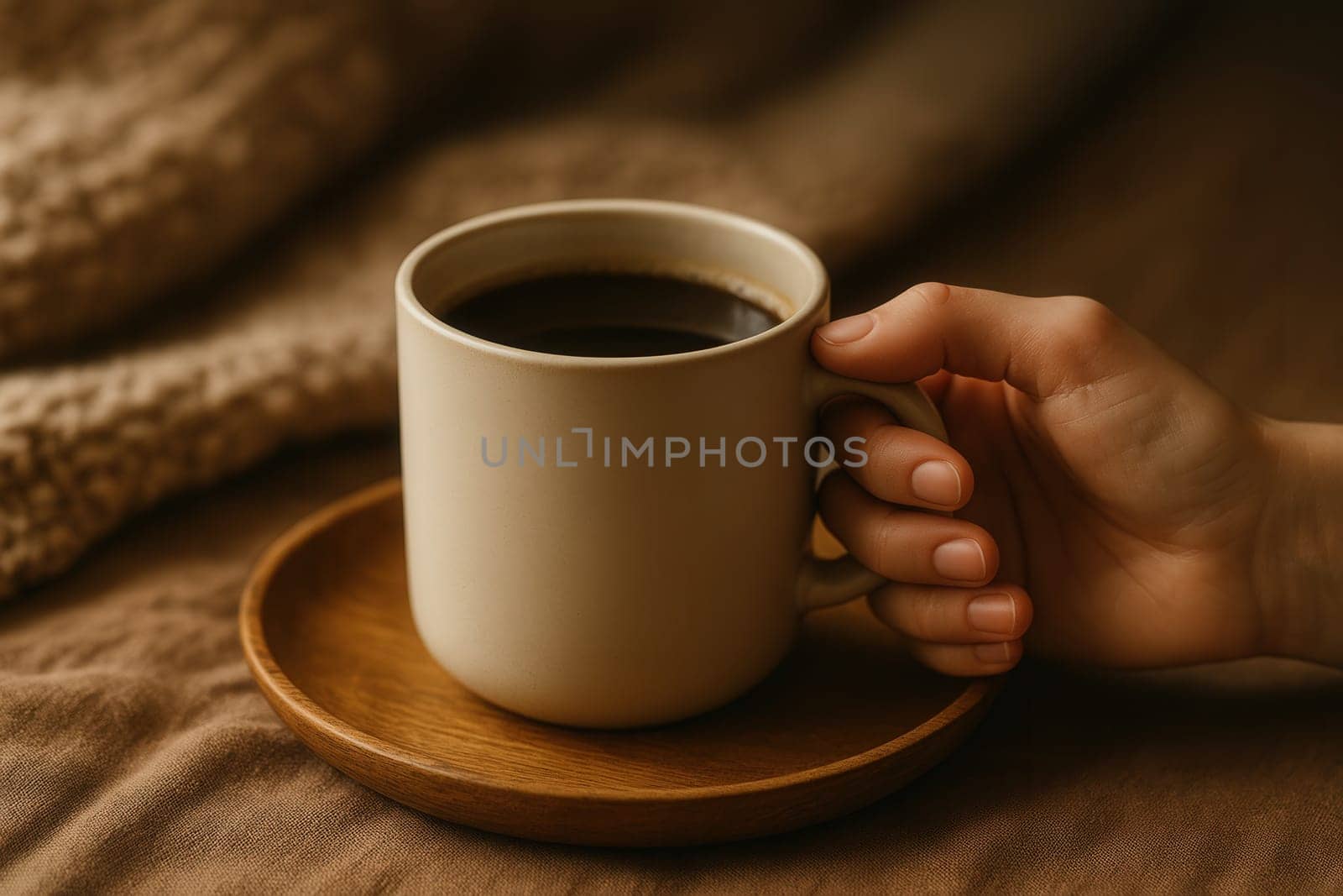 Close-up of a hand holding a ceramic coffee mug placed on a wooden saucer with a soft brown fabric background. Perfect for cozy lifestyle themes, morning rituals, and warm beverage branding