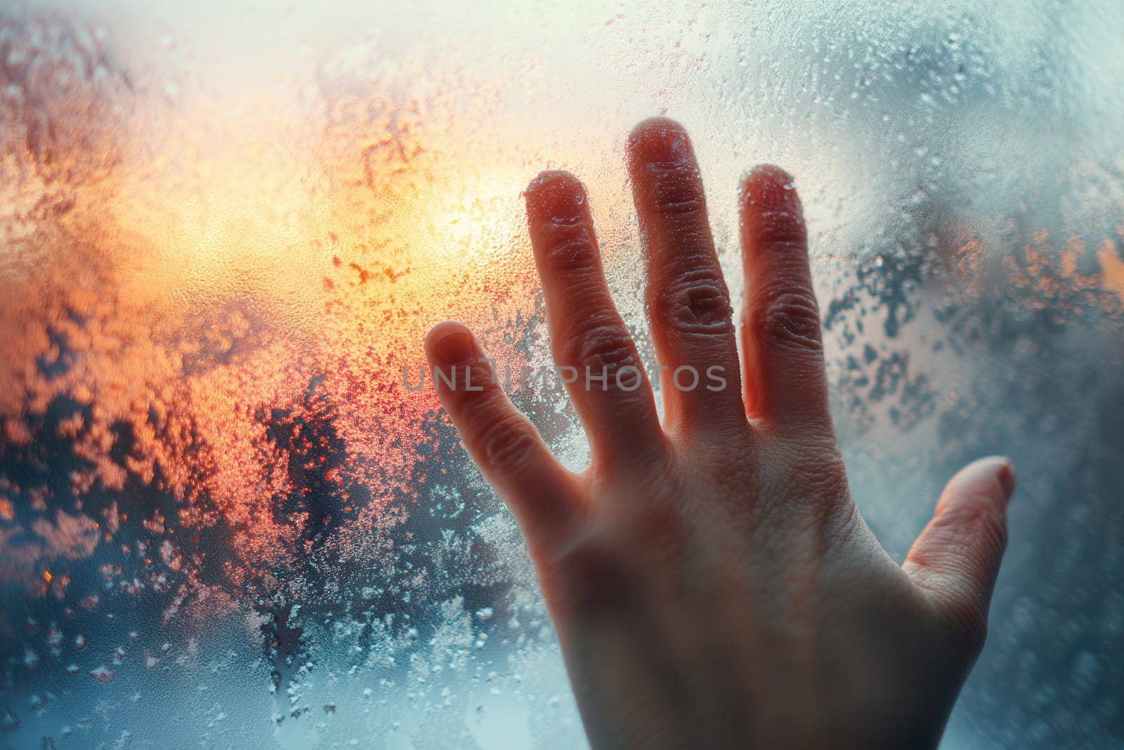 A hand touches a frosted window as a vivid winter sunset glows behind the glass. Ideal for themes of emotion, solitude, warmth in cold, and wintertime storytelling