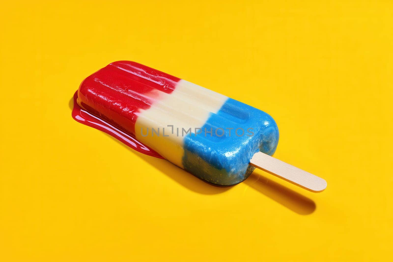 Red white and blue popsicle melting on a vivid yellow background. Ideal for summer visuals, creative food photography, product ads, and bright minimalist compositions with a playful vibe