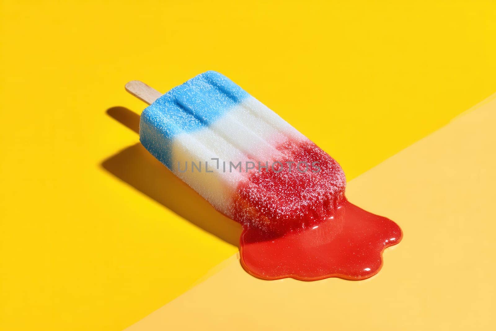 Red white and blue popsicle melting on a bright yellow background with vivid red syrup dripping. Great for summer visuals, creative food photography, and bold minimalist concepts
