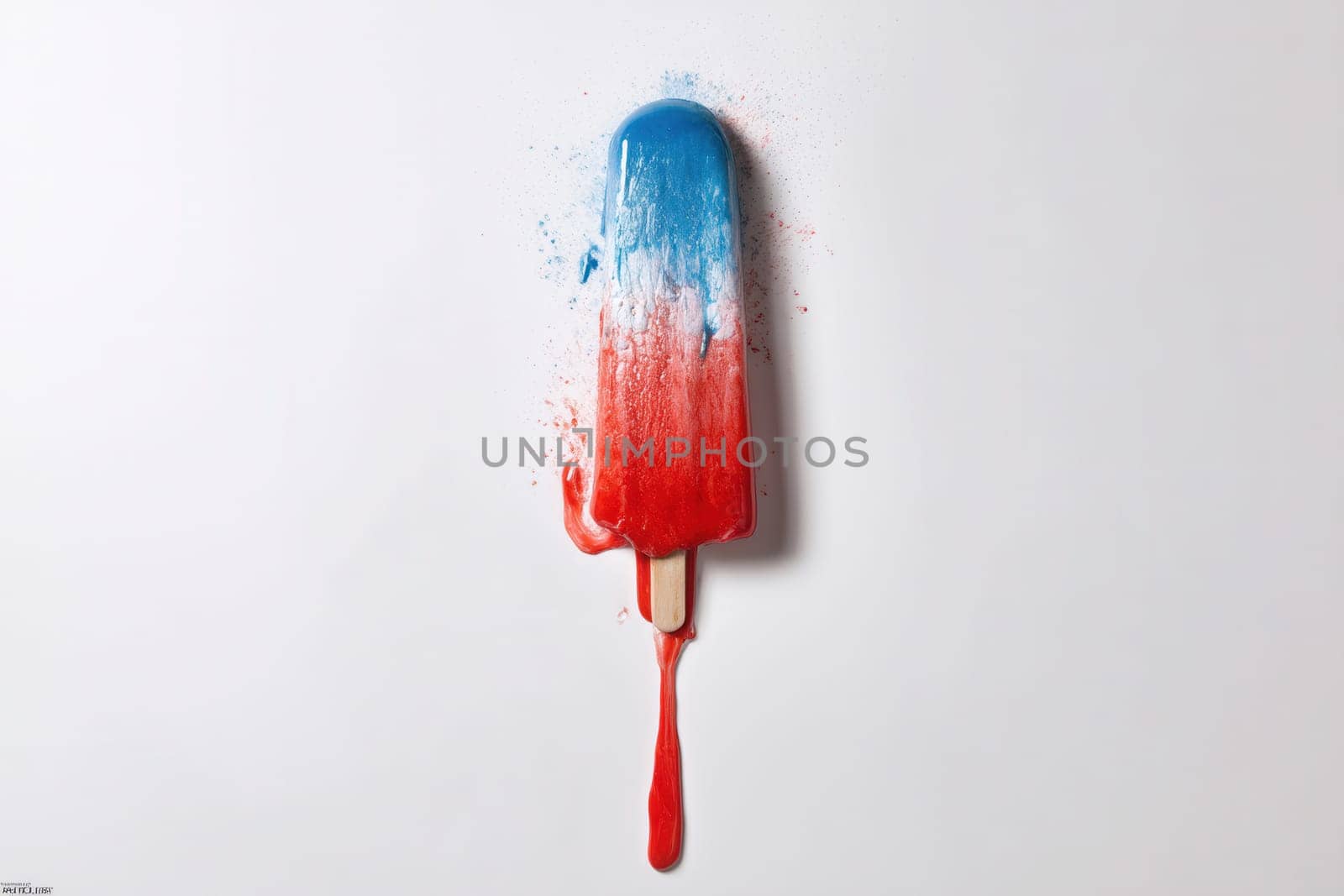 A red white and blue popsicle melting and dripping on a clean white background. Perfect for summer visuals, creative food styling, minimalist compositions, and colorful product presentations
