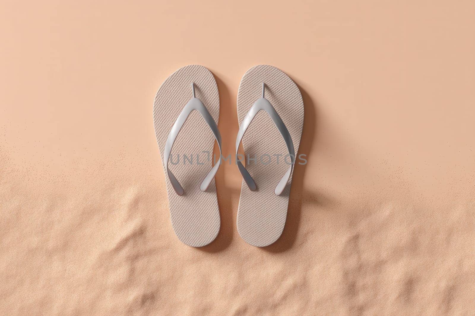 Minimalist flat lay of stylish light flip flops resting on soft sand with a pastel background. Great for summer themes, beach fashion, tropical vacation ads, and promotional content
