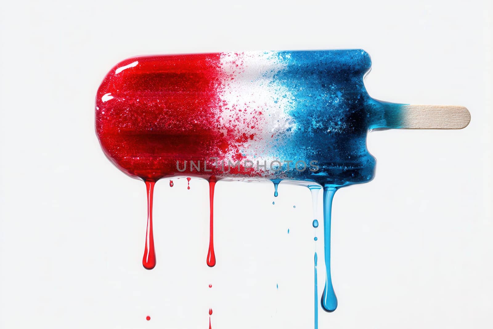 A dripping red white and blue popsicle melting horizontally on a clean white background. Ideal for creative food photography, summer ads, and colorful minimalist visuals
