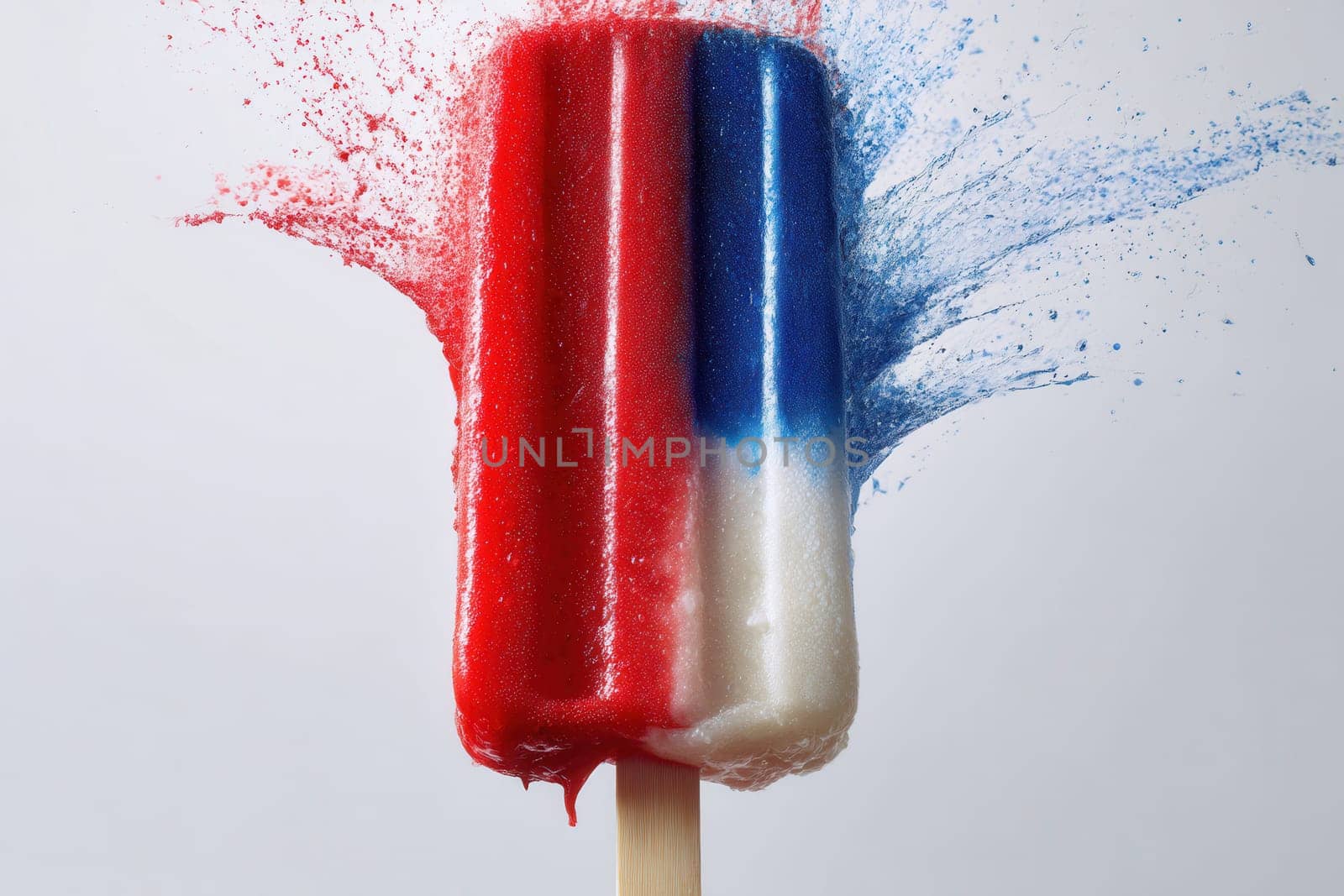 Vibrant red white and blue popsicle bursts mid-air against a clean background. Ideal for summer-themed visuals, abstract food art, festive concepts, and high-energy promotional projects
