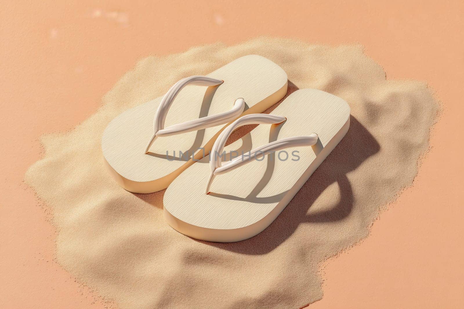 Aesthetic image of cream-colored flip flops resting on soft sand with a pastel peach background. Ideal for beachwear promotions, summer travel themes, fashion ads, and minimalist designs