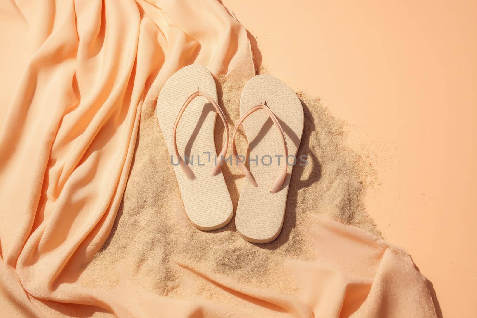 A pair of beige flip flops resting on golden sand alongside flowing peach fabric in soft sunlight. Ideal for fashion campaigns, summer promotions, and vacation-themed visuals