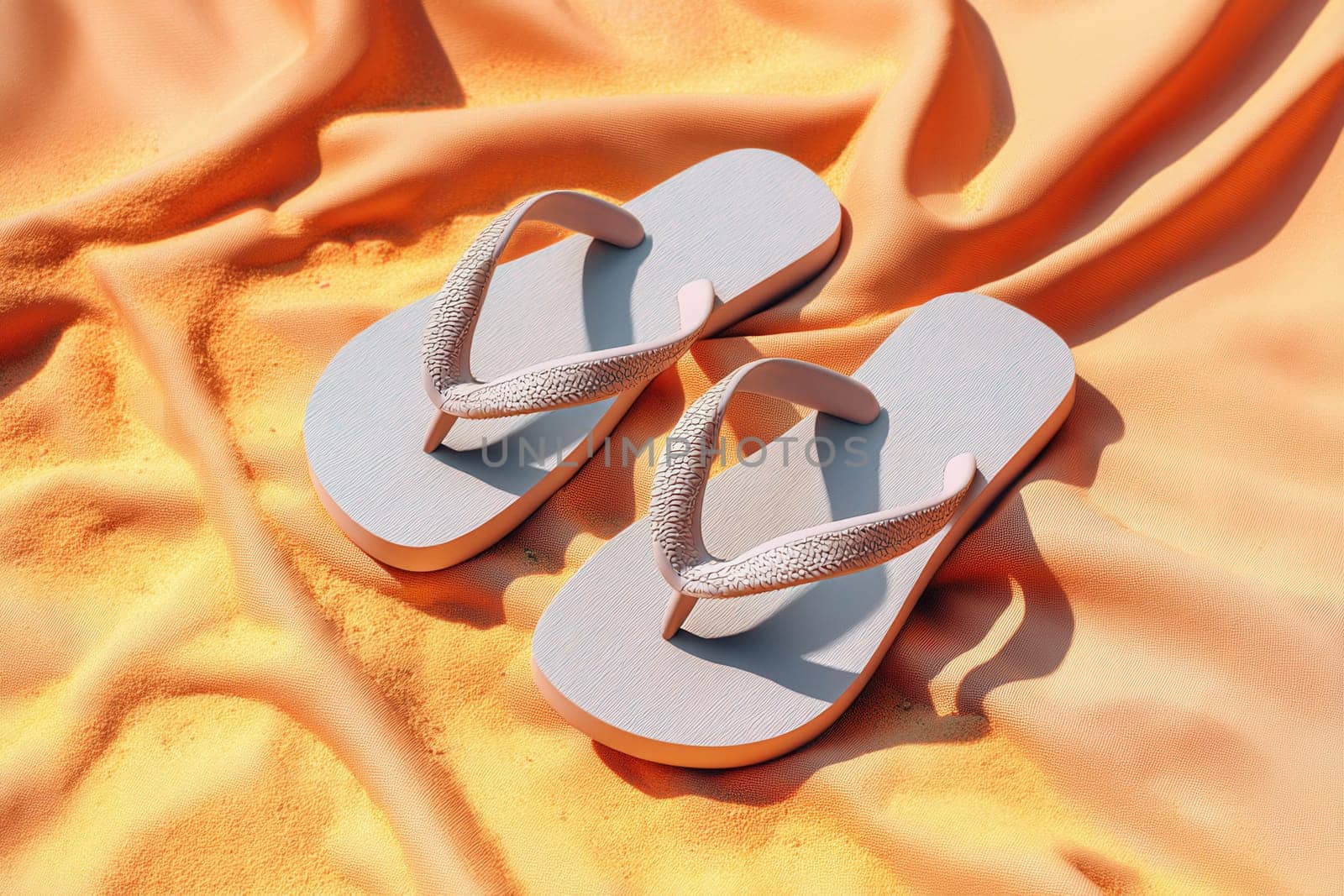 Flip flops with textured straps resting on bright orange fabric under intense summer light. A vibrant scene perfect for beach fashion campaigns, travel content, or summer product ads