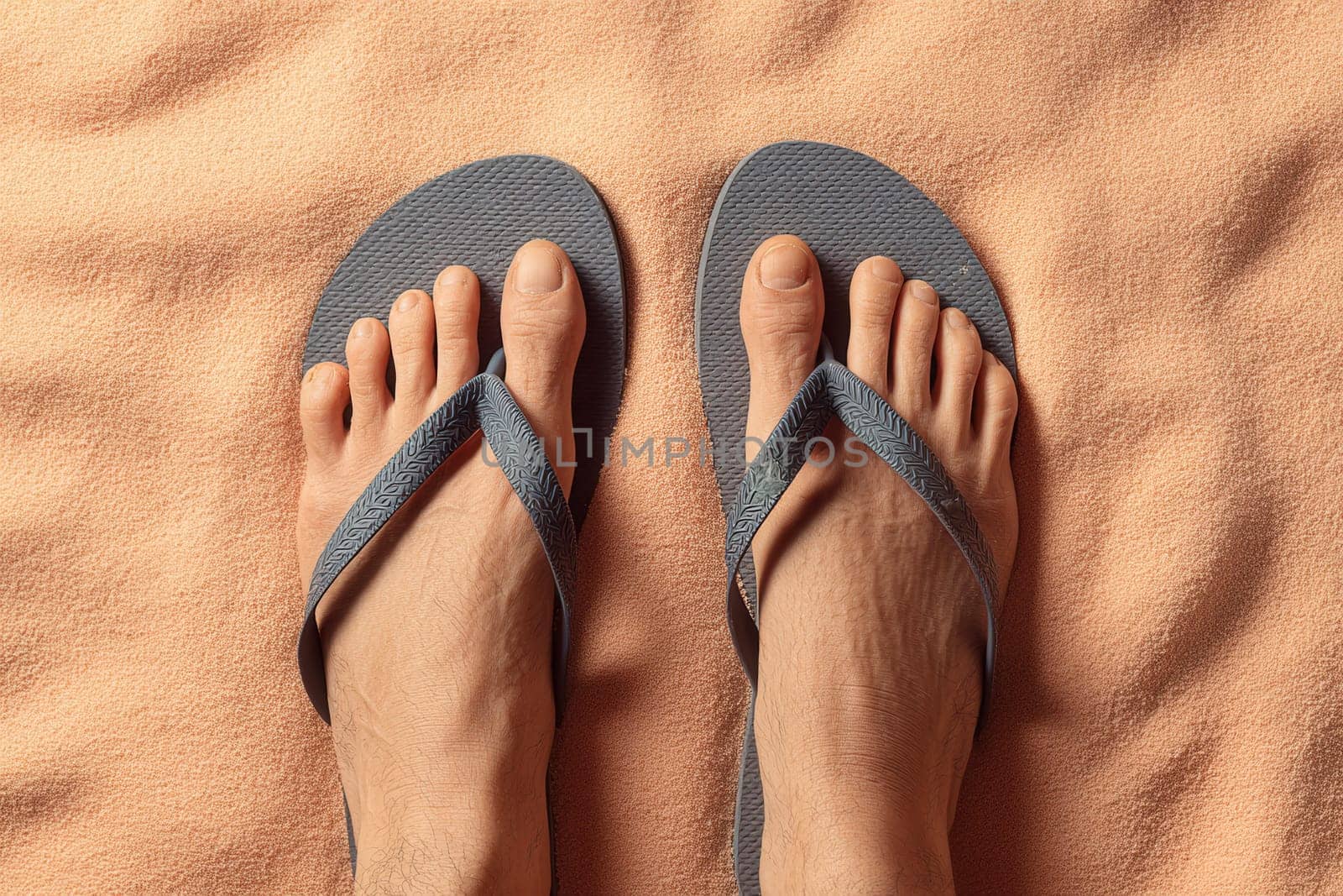 Top view of a man wearing flip flops while standing on soft peach-colored sand. Ideal for summer travel concepts, beach vacations, relaxed outdoor living, and seasonal advertisements