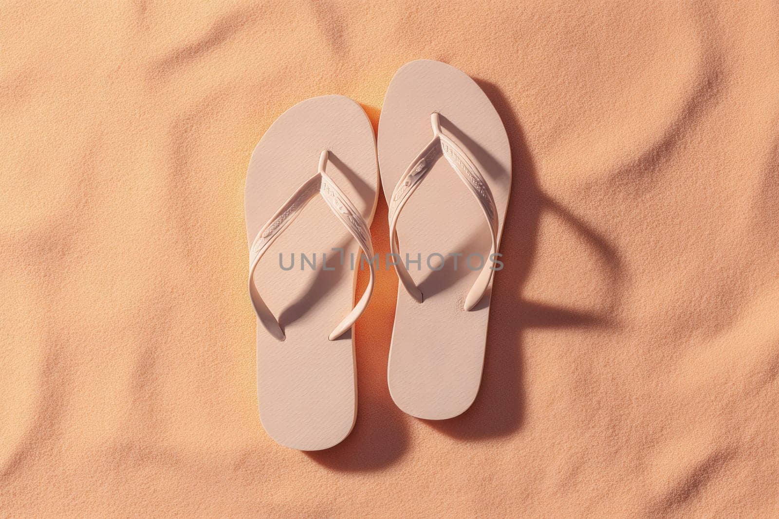 A pair of minimalist light pink flip flops rest on soft peach sand in warm sunlight. Ideal for summer-themed visuals, travel campaigns, or stylish beachwear promotions