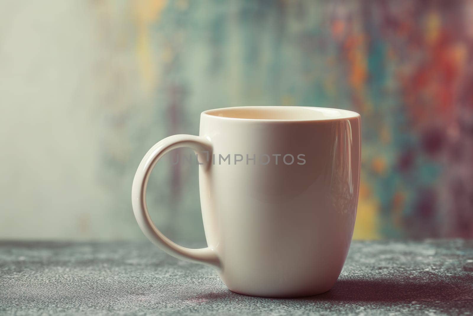 Minimal white ceramic mug placed on a textured tabletop with a soft colorful artistic background. Great for branding, coffee shop visuals, editorial design, and creative advertising