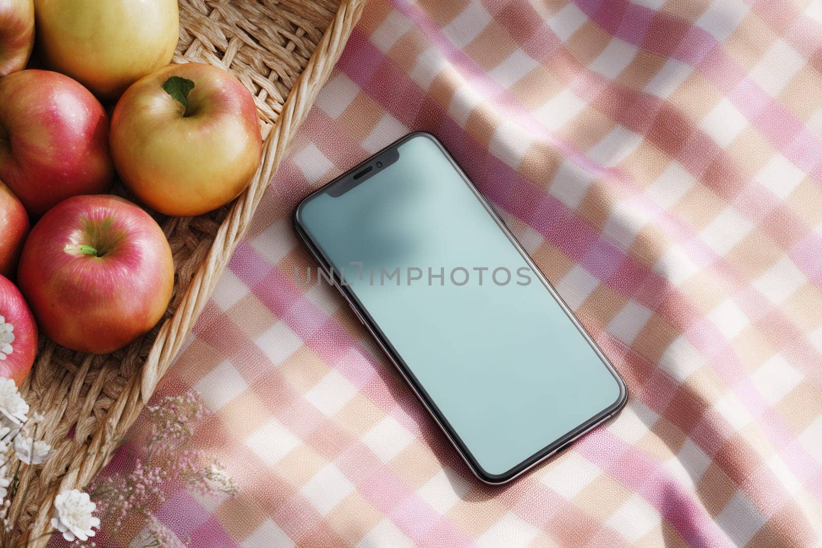 Smartphone on a pastel picnic blanket beside red and yellow apples in a wicker basket. Great for lifestyle branding, healthy food apps, seasonal outdoor promotions, and fresh organic content visuals