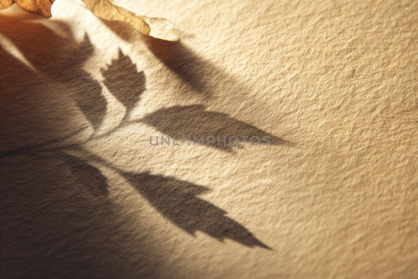 Leaf shadows cast across a warm-toned textured paper surface in soft natural light. Great for eco-themed projects, backgrounds, nature-inspired branding, and minimalist design aesthetics