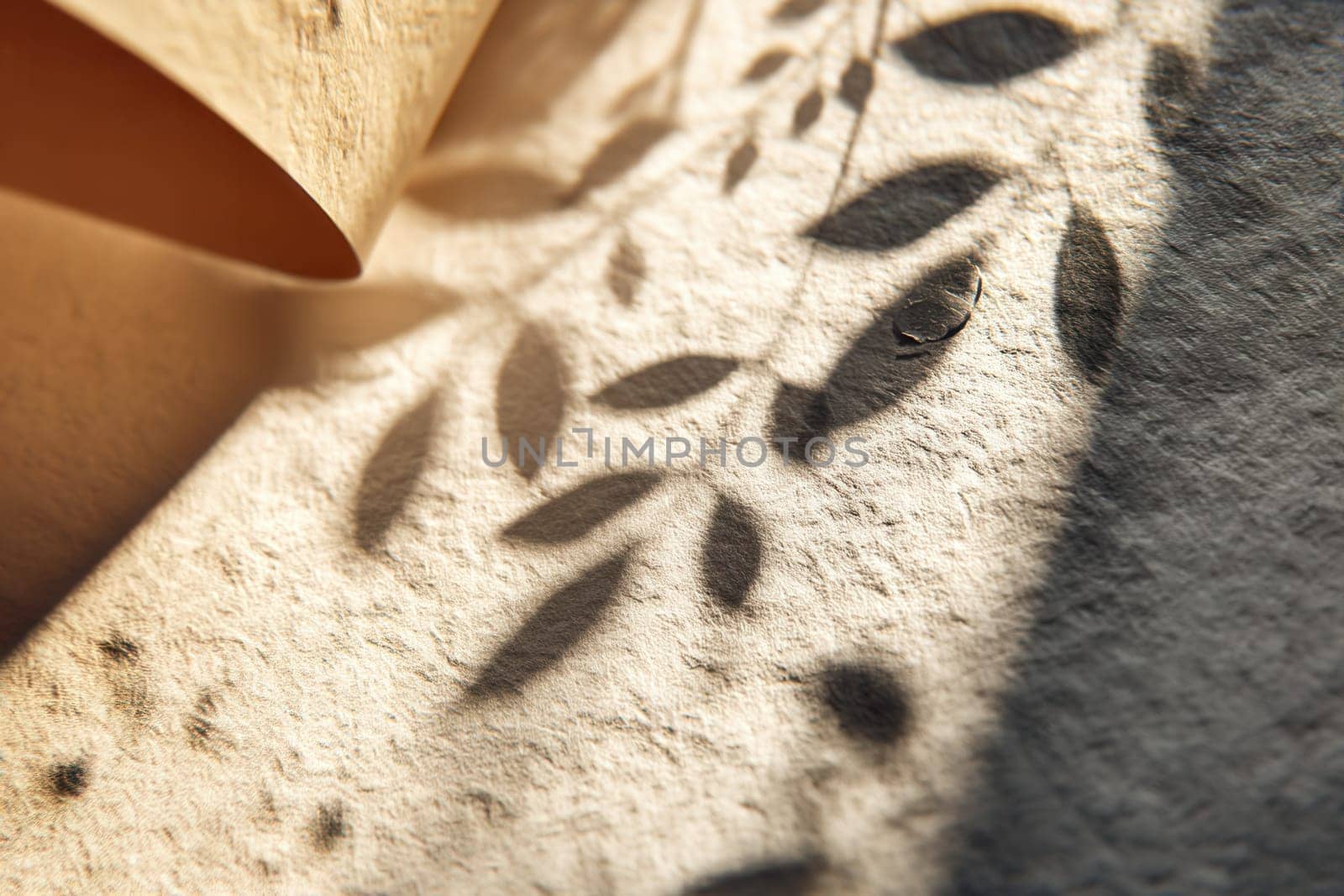 Botanical leaf shadows fall across a textured paper surface in warm natural light. Great for background design, organic branding, eco-friendly concepts, and artistic visual storytelling