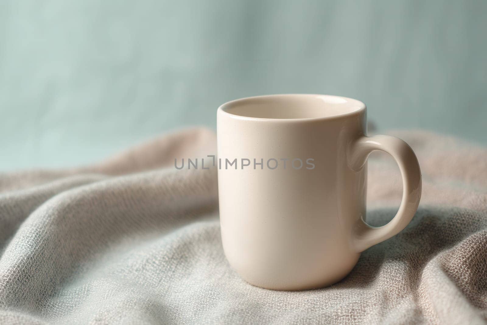 Minimal ceramic mug placed on gentle fabric with a soft pastel blue background. Great for cozy lifestyle visuals, product branding mockups, or hot drink-related content