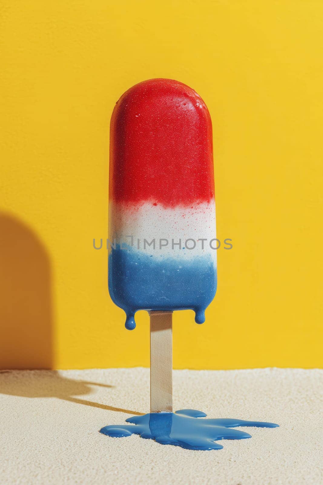 A vibrant tricolor popsicle slowly melting against a bold yellow backdrop. Great for summer-themed designs, refreshing dessert promotions, or playful advertising visuals