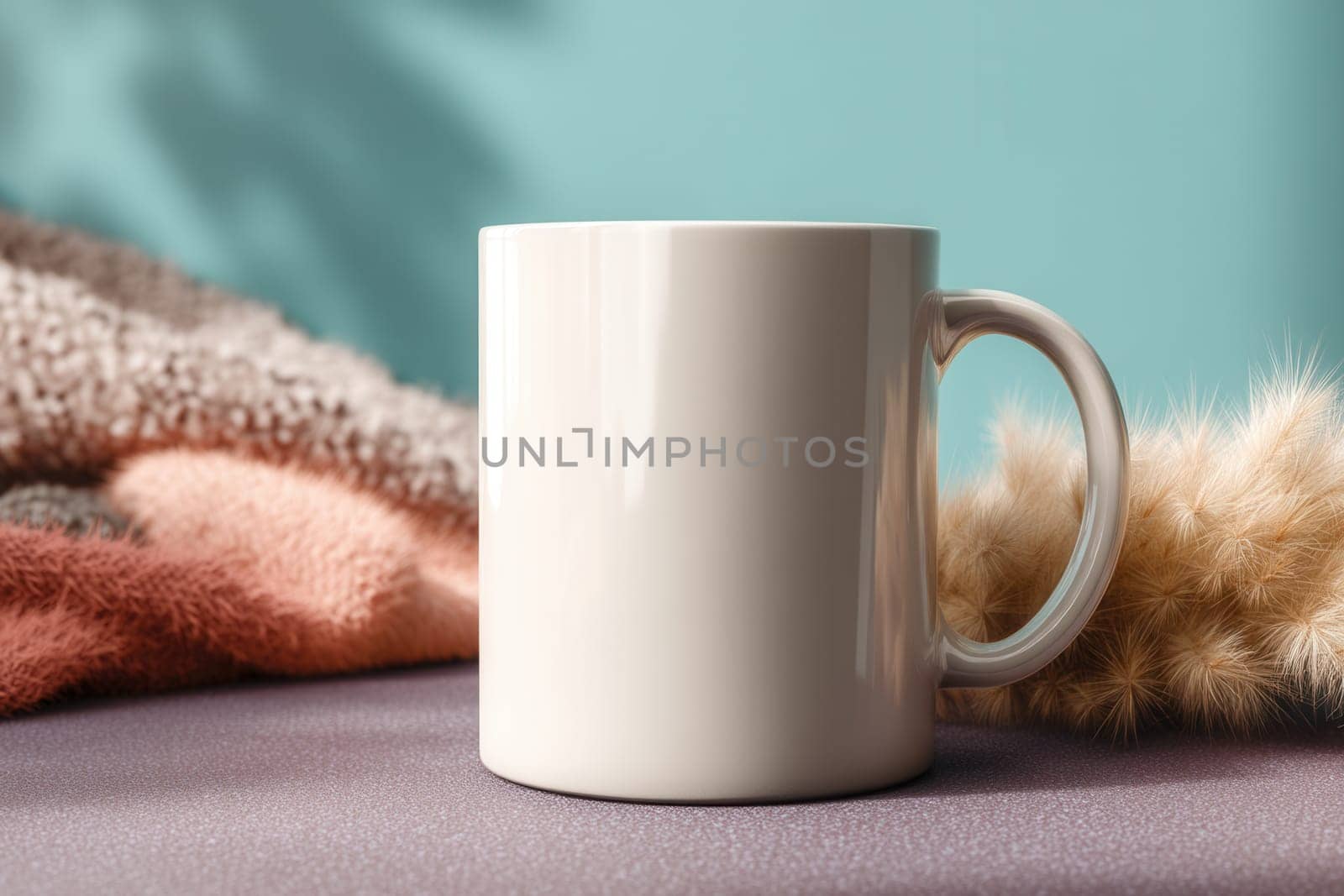 Ceramic mug placed on a soft-textured surface with cozy materials and pastel background. Perfect for warm lifestyle visuals, product mockups, or modern home-themed branding