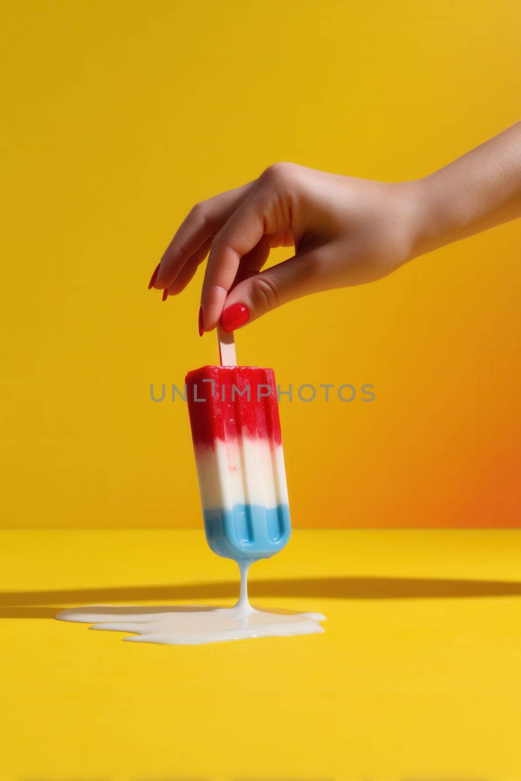 A melting red white and blue popsicle held by a hand with red nails against a bold yellow backdrop. Perfect for hot weather visuals, dessert campaigns, and summer advertising