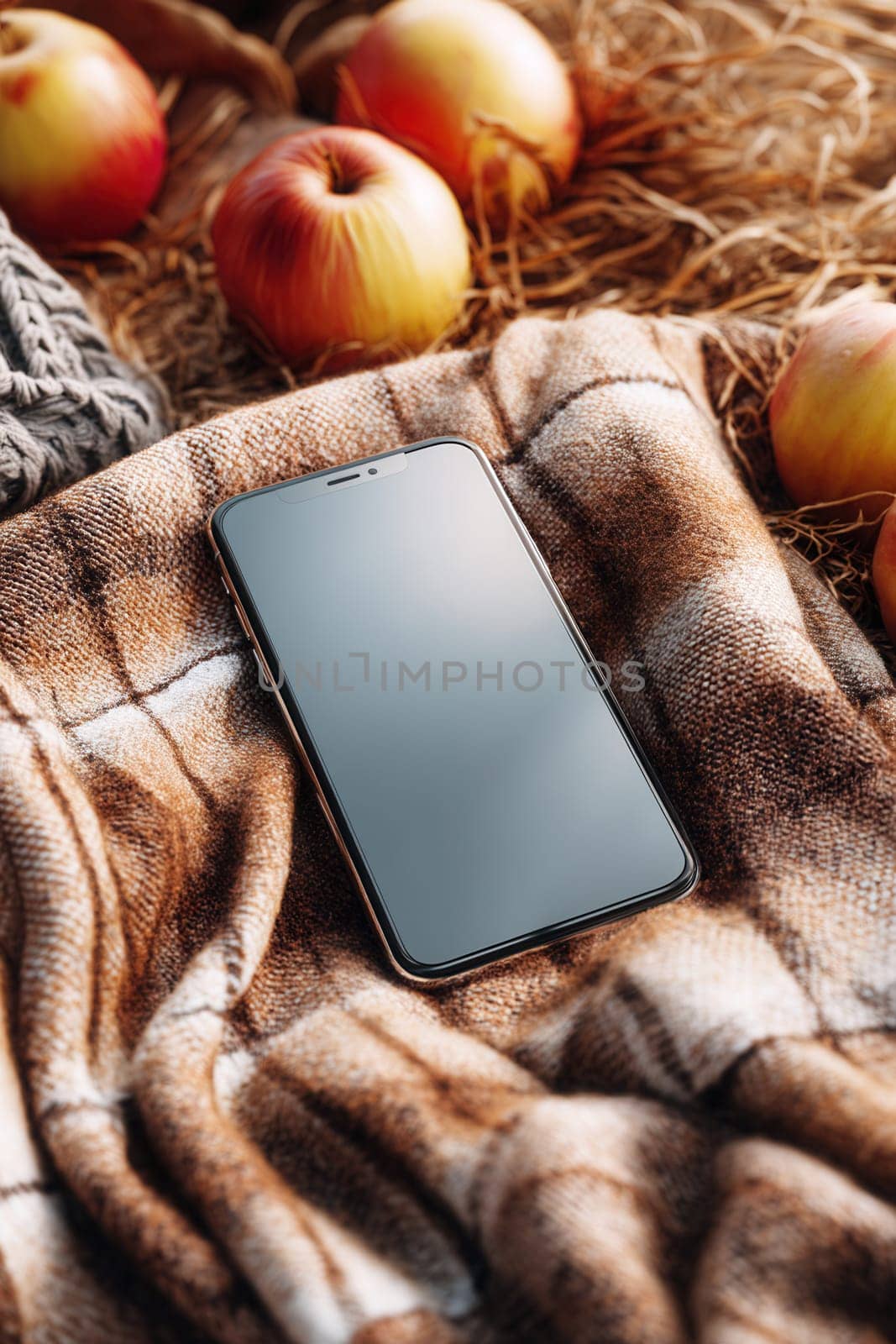 A smartphone placed on a soft brown plaid blanket with fresh apples and rustic hay in the background. Ideal for autumn tech ads, cozy lifestyle visuals, and seasonal promotions