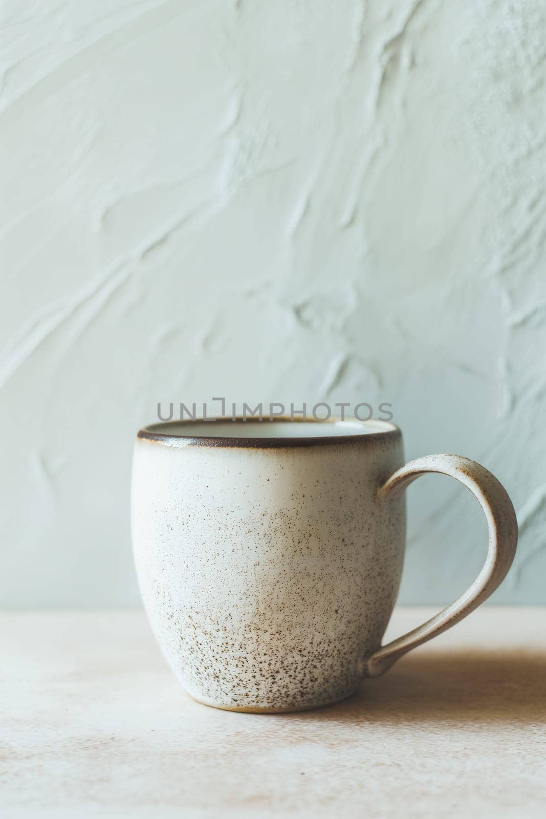 Rustic ceramic mug with a speckled texture and earthy tones on a minimal light background. Perfect for branding mockups, cozy lifestyle scenes, beverage ads, and handmade pottery promotions