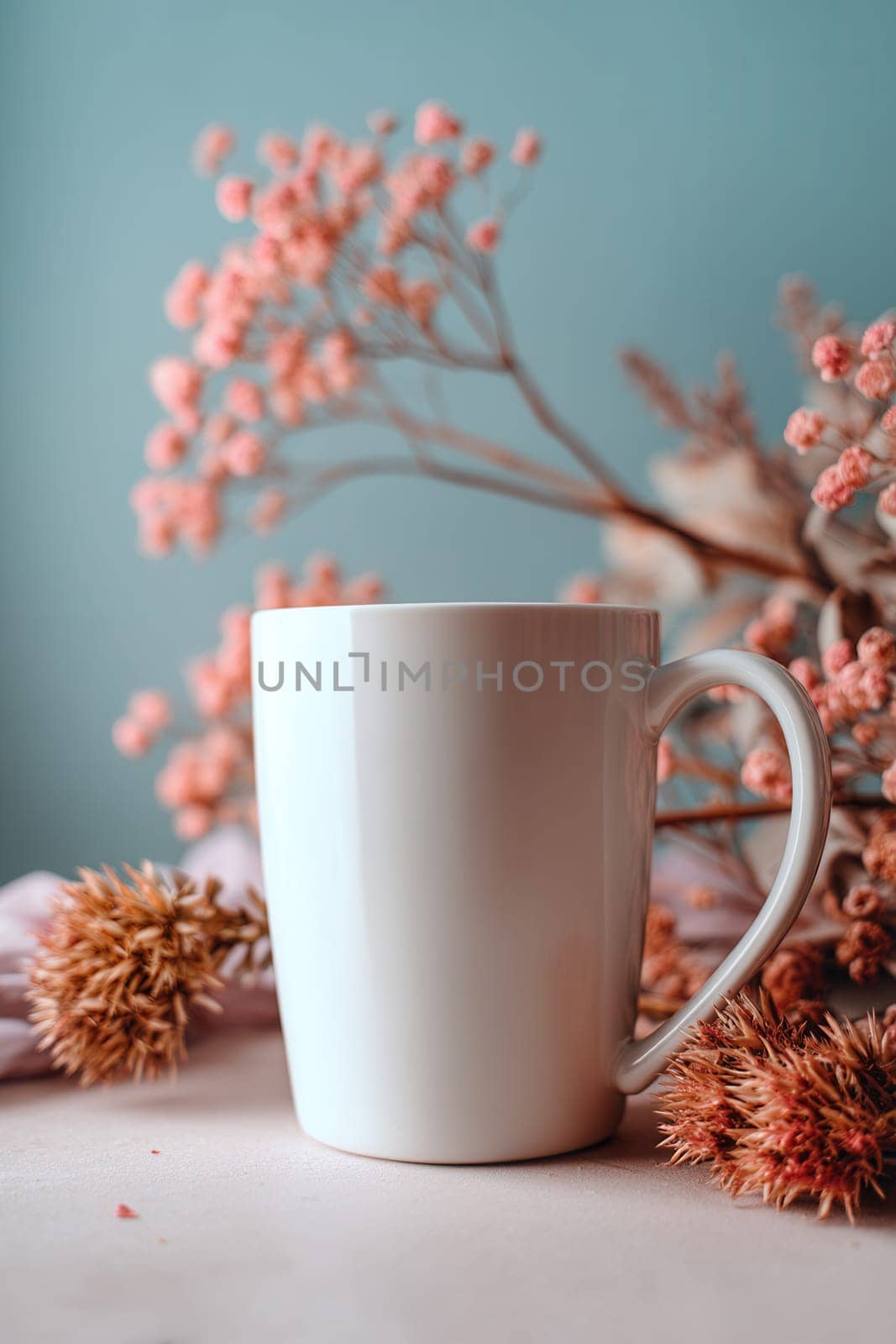 Minimal white ceramic mug with dried flowers and soft pastel tones in the background. Perfect for product branding, cozy lifestyle scenes, beverage visuals, or elegant kitchen mockups