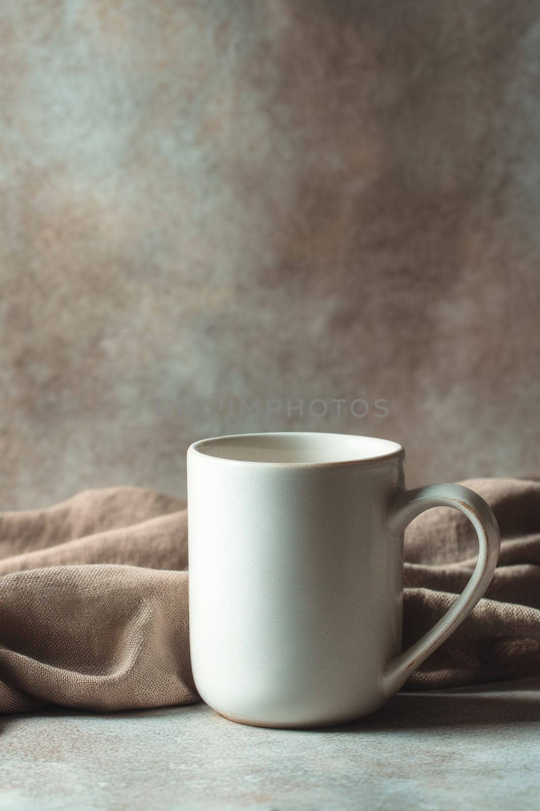 Minimal ceramic mug on beige fabric with a warm, textured wall in the background. Great for lifestyle content, branding mockups, cozy interior designs, and minimalist product showcases